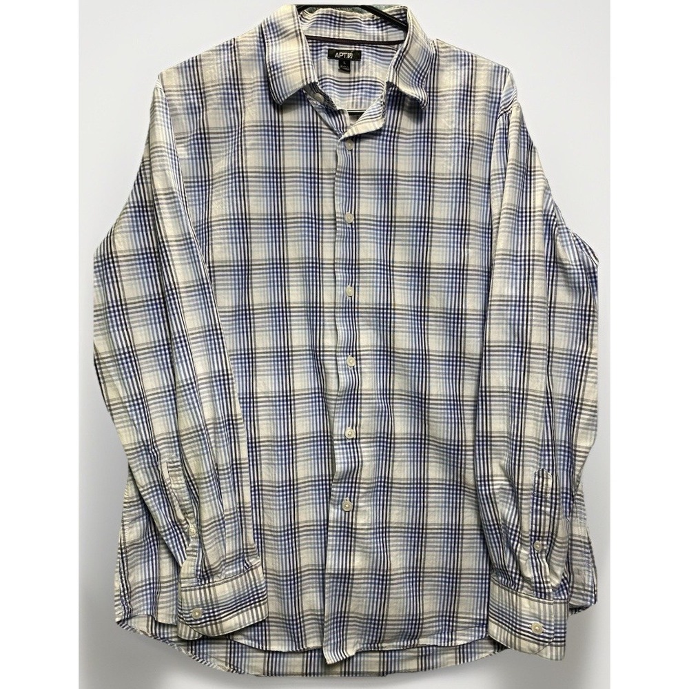 Apt 9 Mens Large Blue White Plaid Long Sleeve Button Down 100% Cotton Shirt